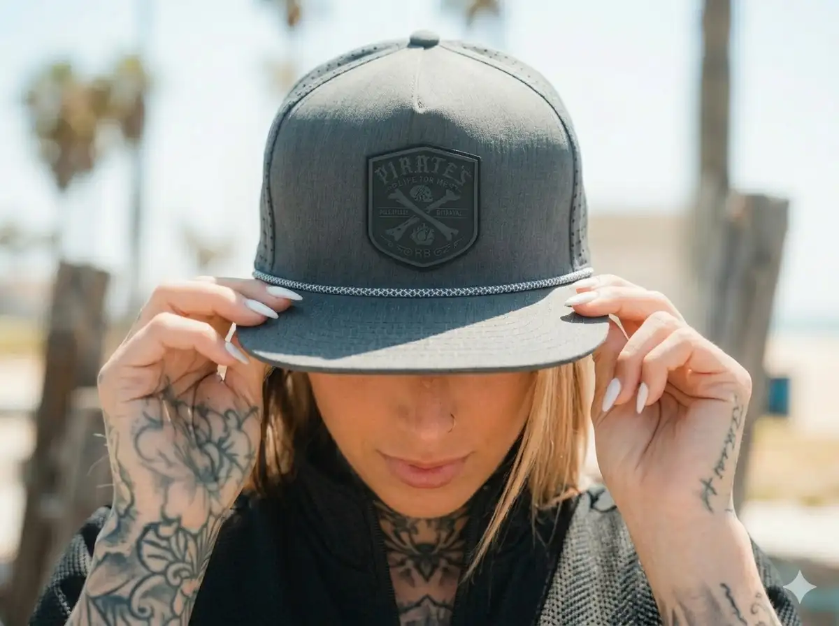 Mujer ajustando gorra gris con parche y tatuajes