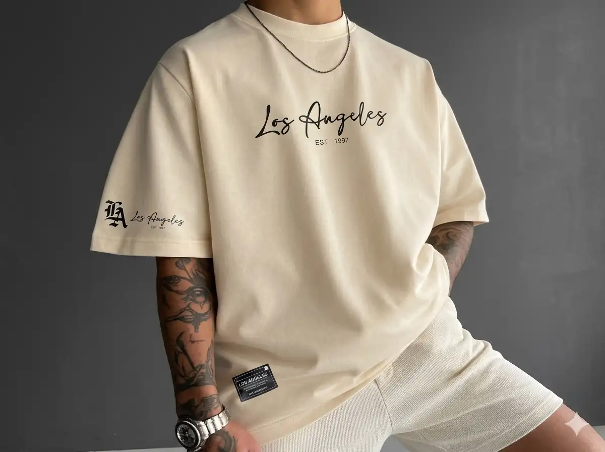 Hombre con polo crema Los Angeles y tatuajes